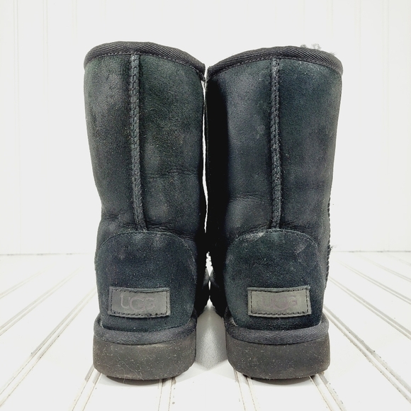 UGG Black Suede Leather Sheepskin Pull On Mid Calf Classic Boots E943 - Picture 6 of 12